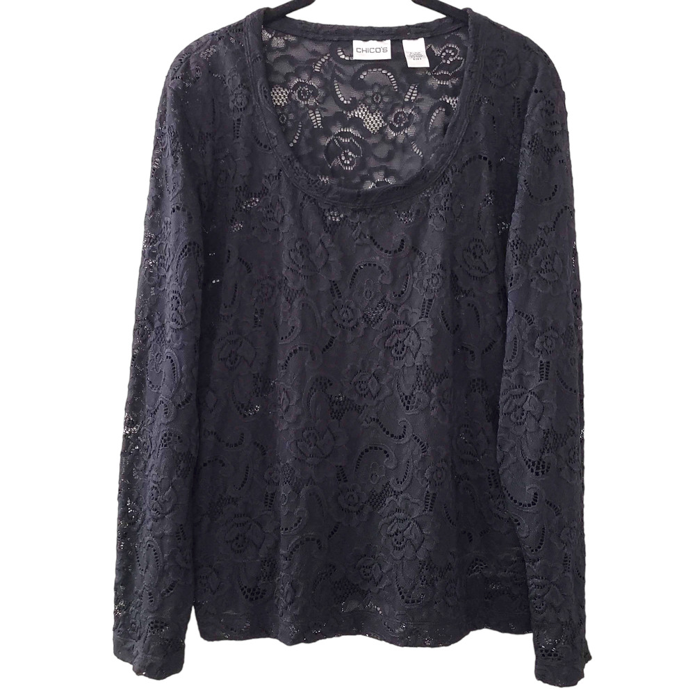 Chico's Lace Semi-Sheer Long Sleeve Stretch Scoop Neck Tee, Black, Sz L (2)